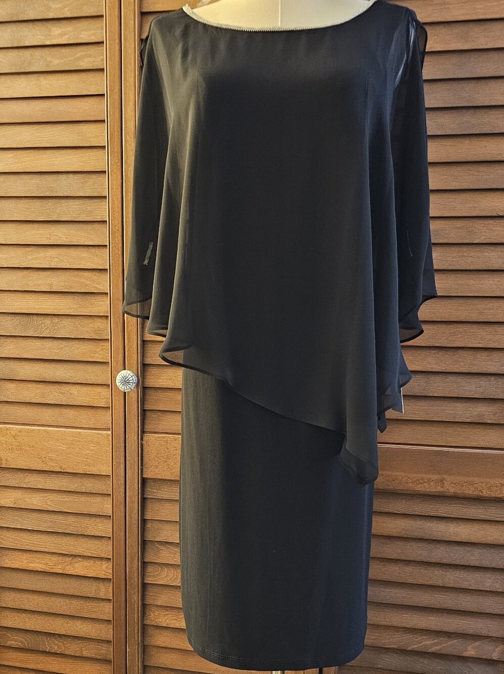 MSK Black Chiffon Asymmetrical Overlay Rhinestone Neck Dress, NWT